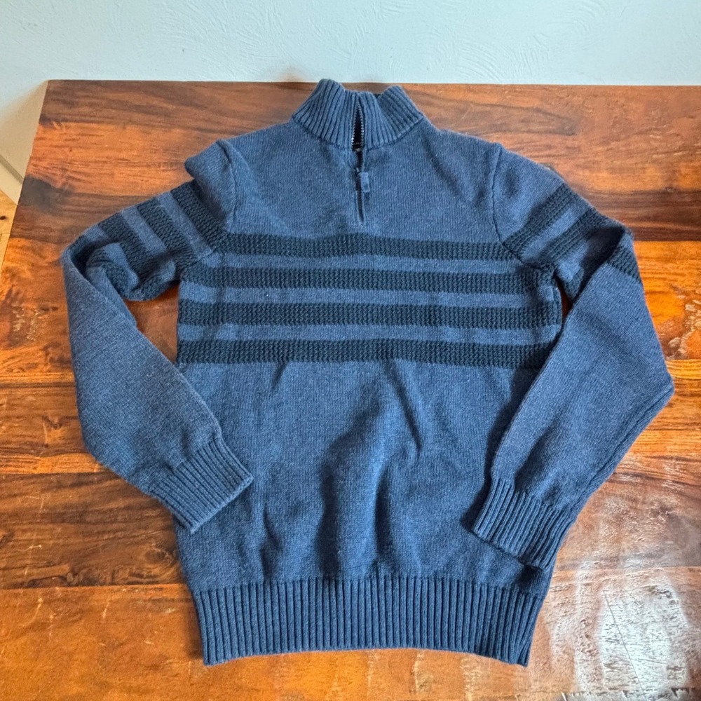 Tahari Mens Quarter Zip Sweater Blue Black Striped 100%‎ Cotton Mock Neck Medium